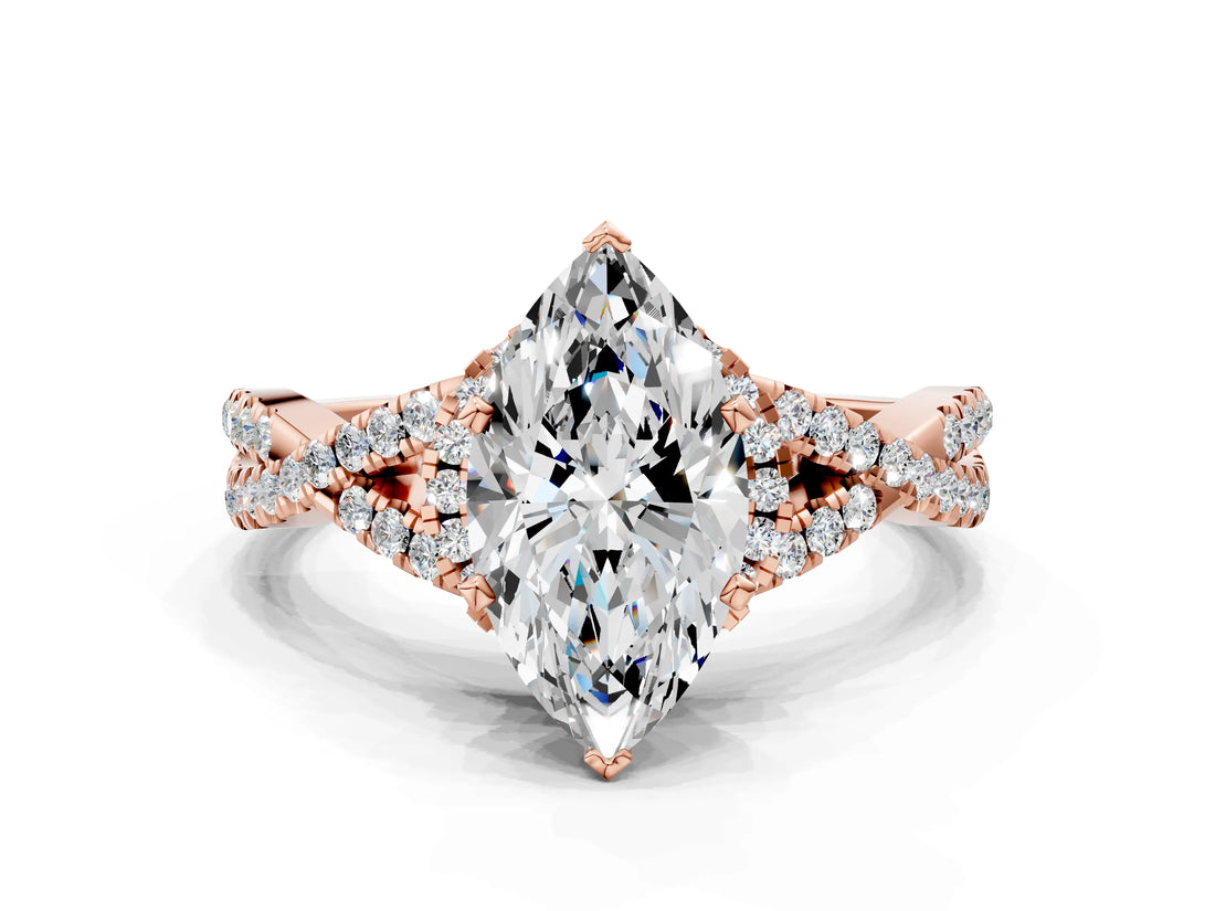 Rose gold Heart Cut Diamond with Moissanite side stone Halo Twist Band Solitaire Prong Setting Ring_12