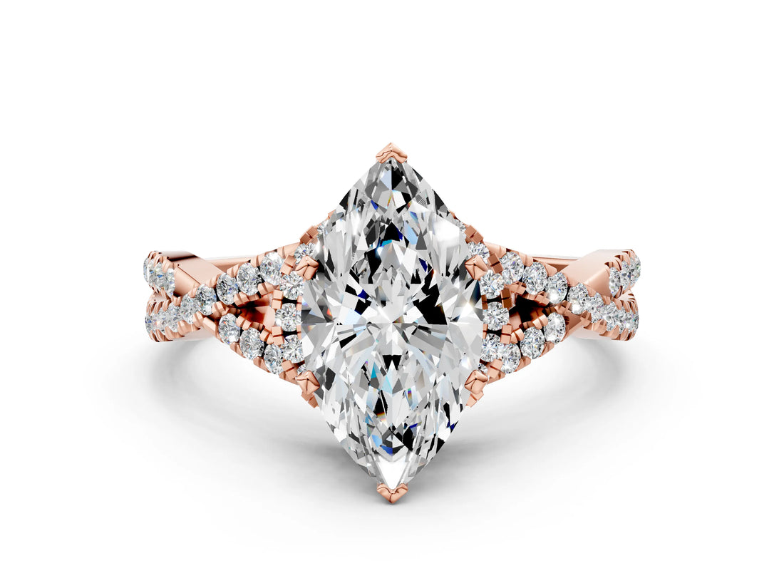 Rose gold Heart Cut Diamond with Moissanite side stone Halo Twist Band Solitaire Prong Setting Ring_24