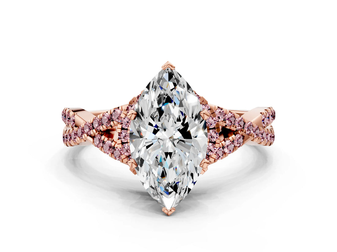 Rose gold Heart Cut Diamond with Morganite side stone Halo Twist Band Solitaire Prong Setting Ring_12