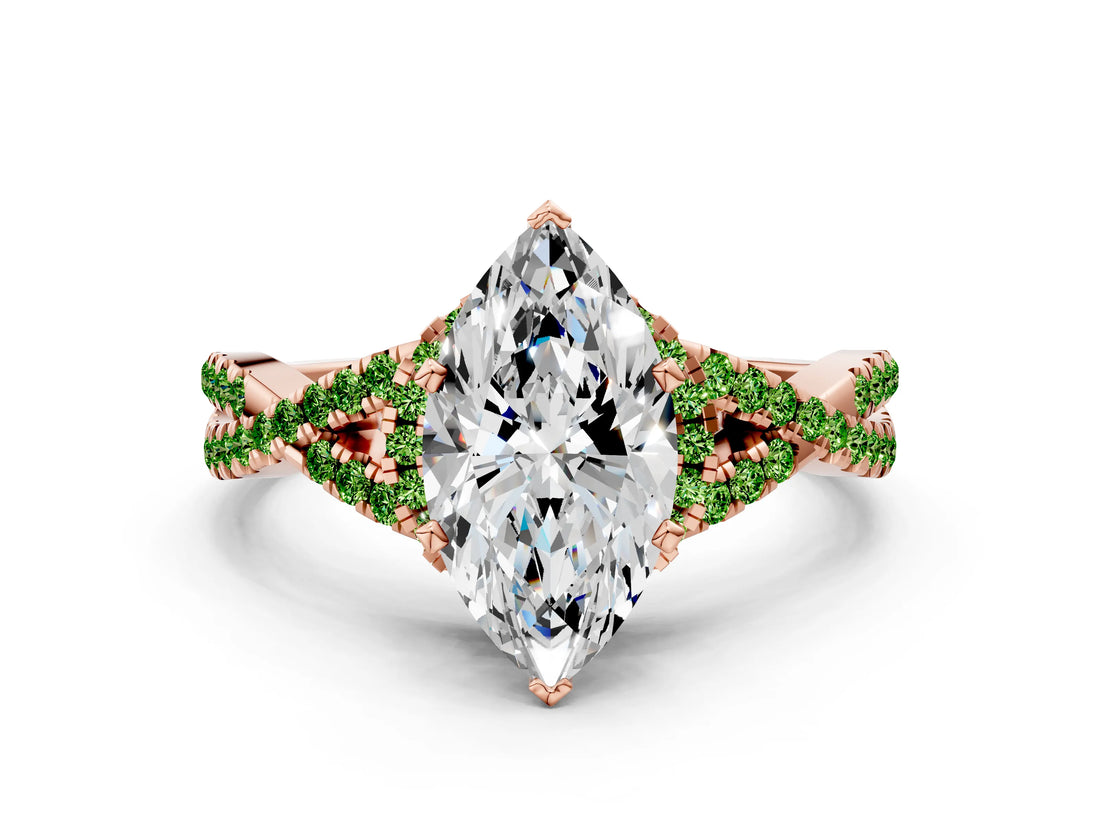 Rose gold Heart Cut Diamond with Peridot side stone Halo Twist Band Solitaire Prong Setting Ring_12