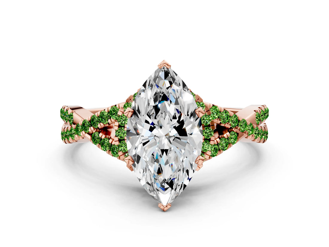 Rose gold Heart Cut Diamond with Peridot side stone Halo Twist Band Solitaire Prong Setting Ring_36