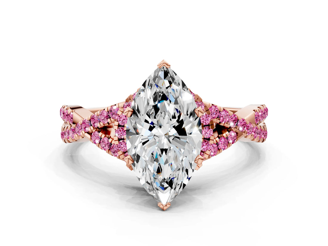Rose gold Heart Cut Diamond with Pink Sapphire side stone Halo Twist Band Solitaire Prong Setting Ring_12