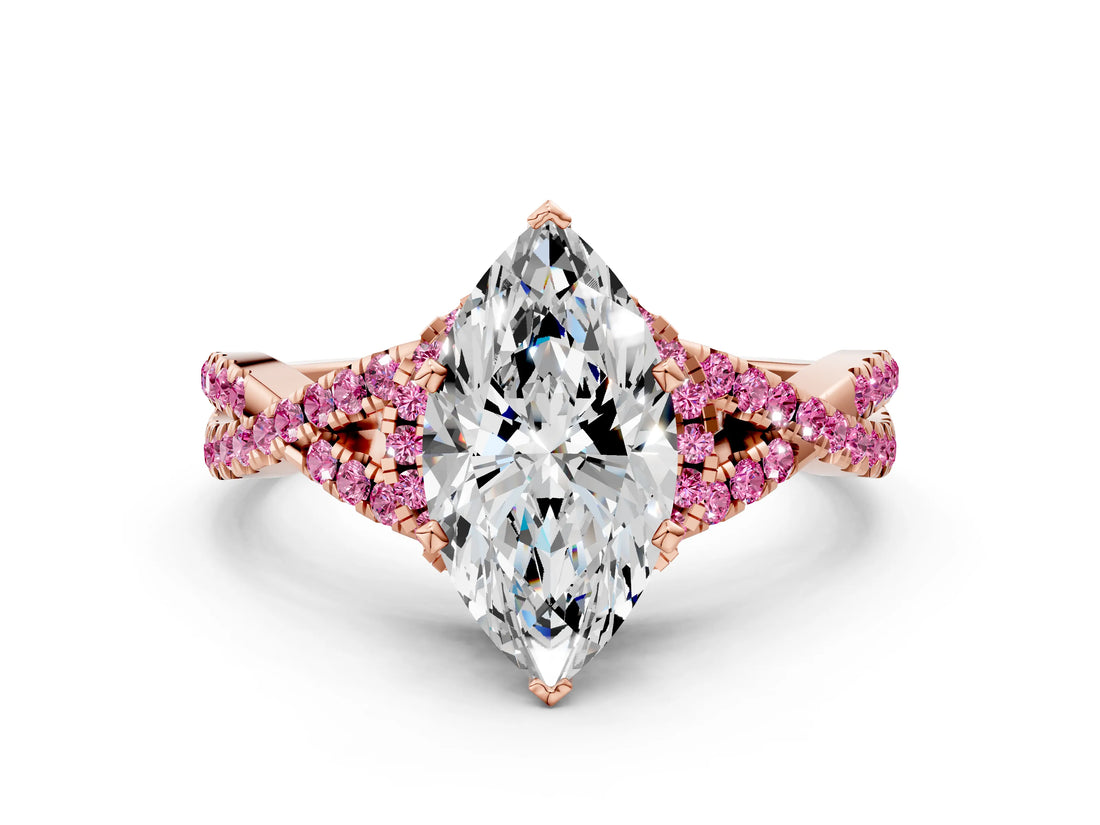 Rose gold Heart Cut Diamond with Pink Sapphire side stone Halo Twist Band Solitaire Prong Setting Ring_36