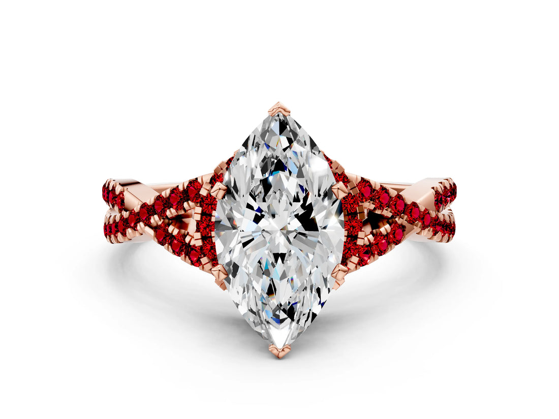 Rose gold Heart Cut Diamond with Ruby side stone Halo Twist Band Solitaire Prong Setting Ring_30