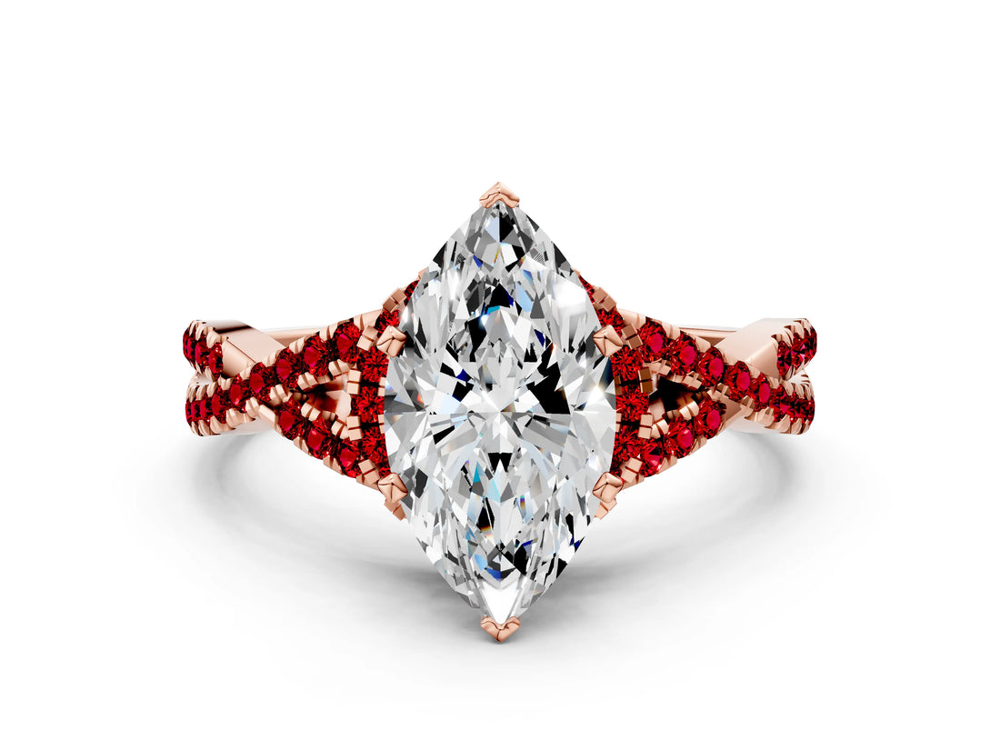Rose gold Heart Cut Diamond with Ruby side stone Halo Twist Band Solitaire Prong Setting Ring_42