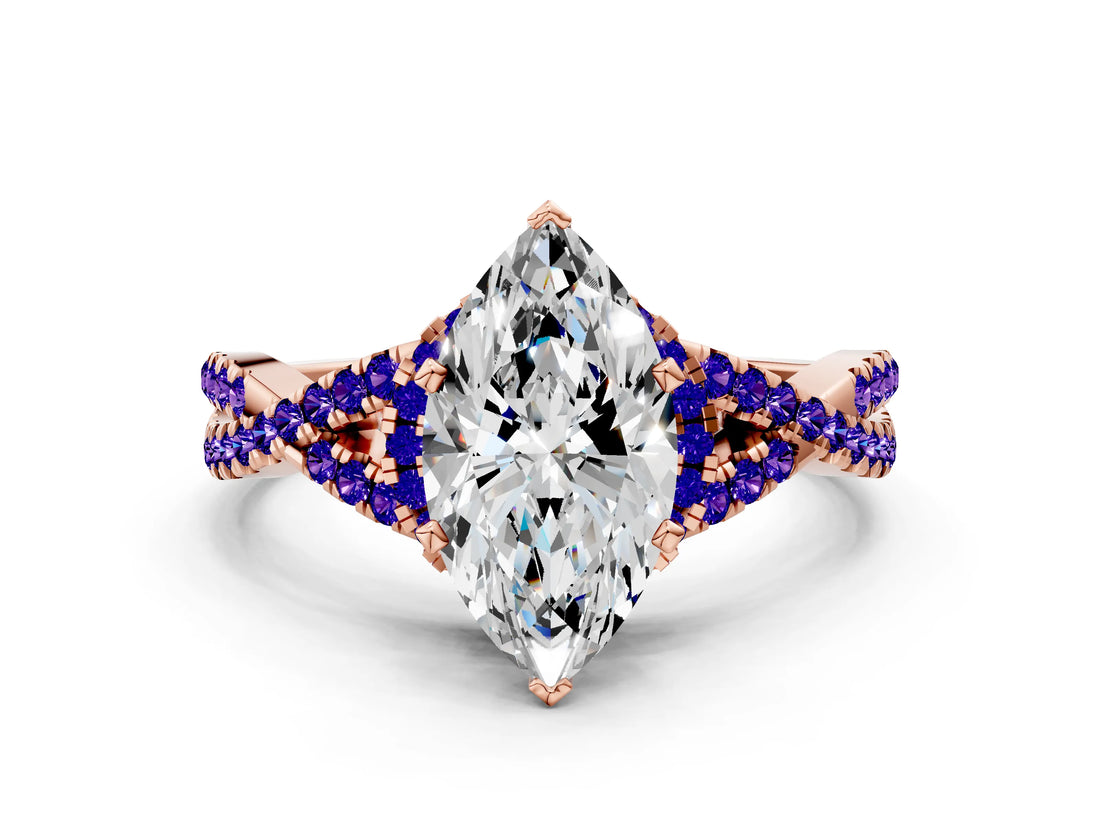 Rose gold Heart Cut Diamond with Tanzanite side stone Halo Twist Band Solitaire Prong Setting Ring_12