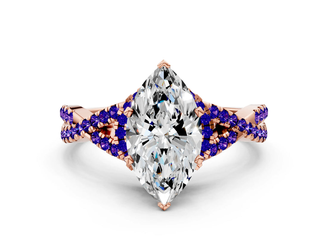 Rose gold Heart Cut Diamond with Tanzanite side stone Halo Twist Band Solitaire Prong Setting Ring_36