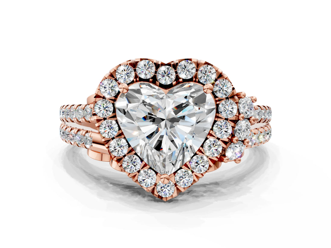 Rose gold Heart Cut Double Halo Diamond Engagement Ring with Pave Band and Four-Prong Setting_26