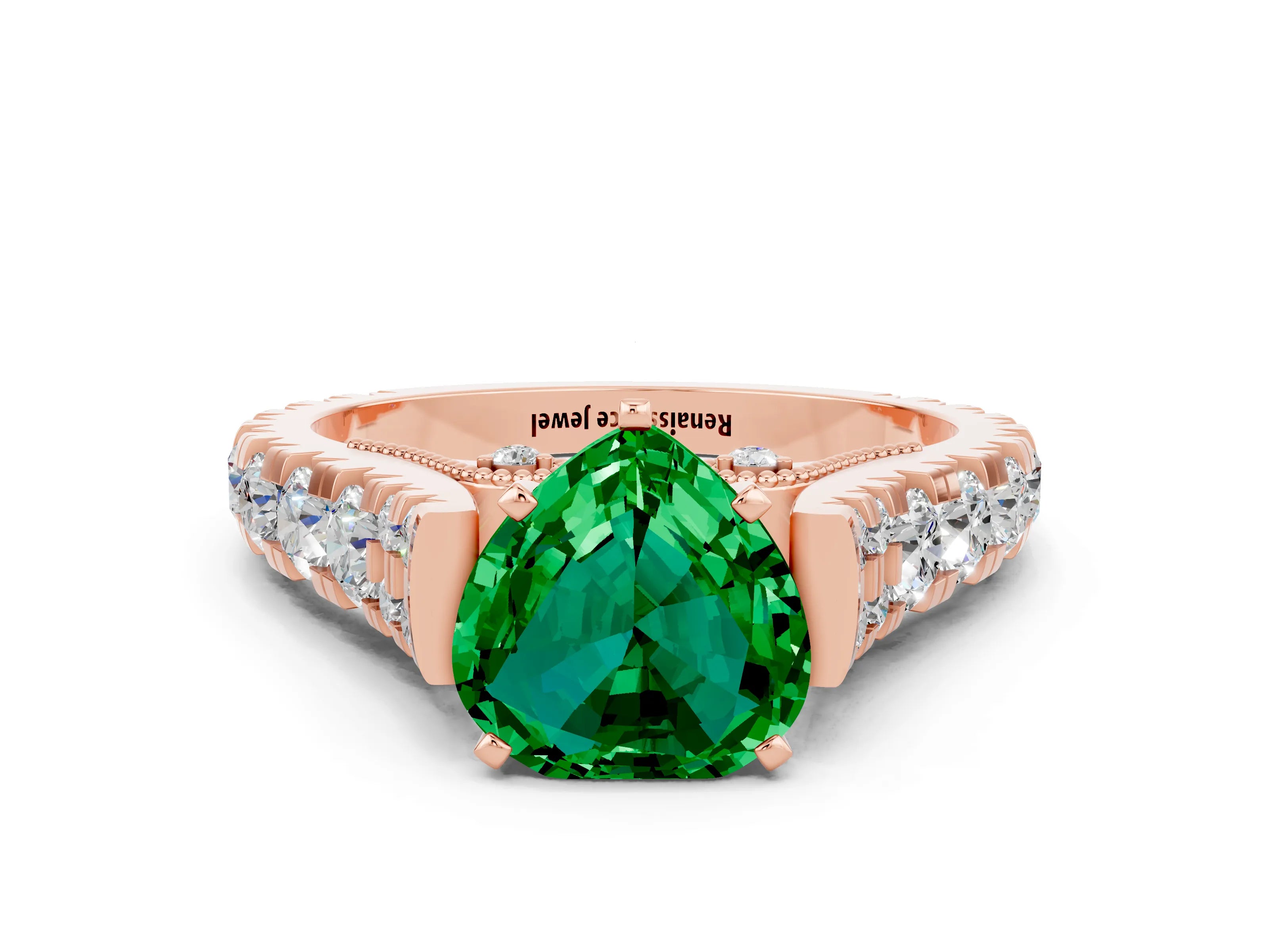 Rose gold Heart Cut Emerald Classic Solitaire Ring with Pavé Band and Four-Prong Setting