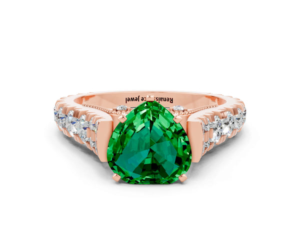 Rose gold Heart Cut Emerald Classic Solitaire Ring with Pavé Band and Four-Prong Setting