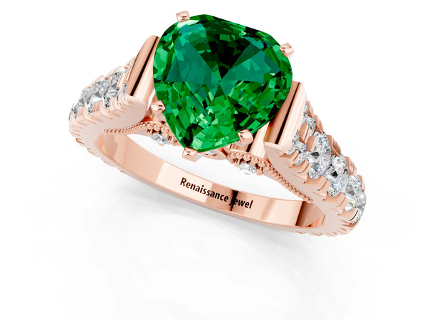 Rose gold Heart Cut Emerald Classic Solitaire Ring with Pavé Band and Four-Prong Setting