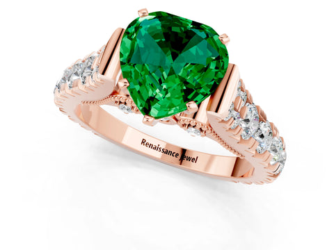 Rose gold Heart Cut Emerald Classic Solitaire Ring with Pavé Band and Four-Prong Setting_1