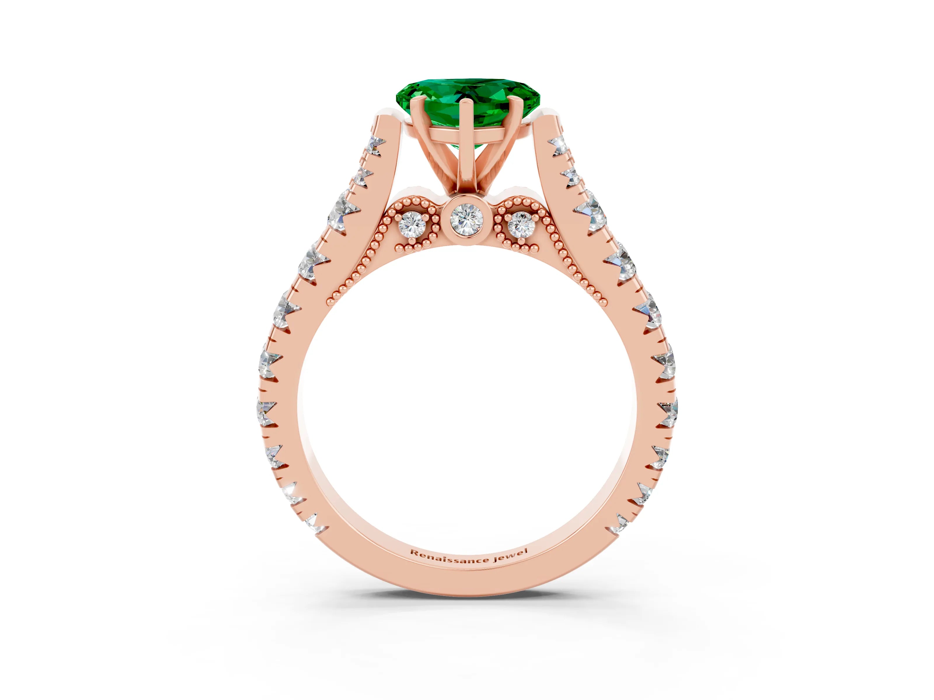 Rose gold Heart Cut Emerald Classic Solitaire Ring with Pavé Band and Four-Prong Setting_3