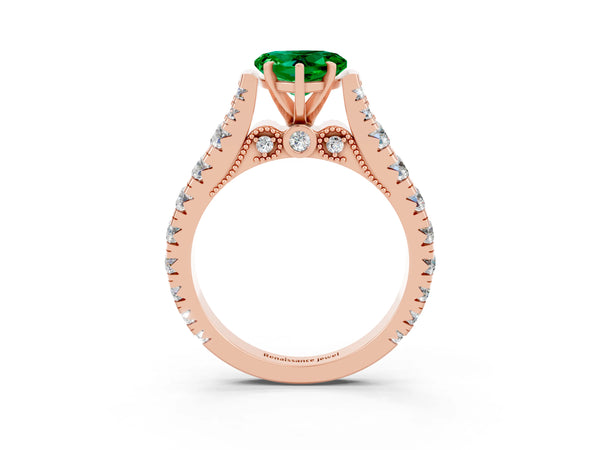 Rose gold Heart Cut Emerald Classic Solitaire Ring with Pavé Band and Four-Prong Setting