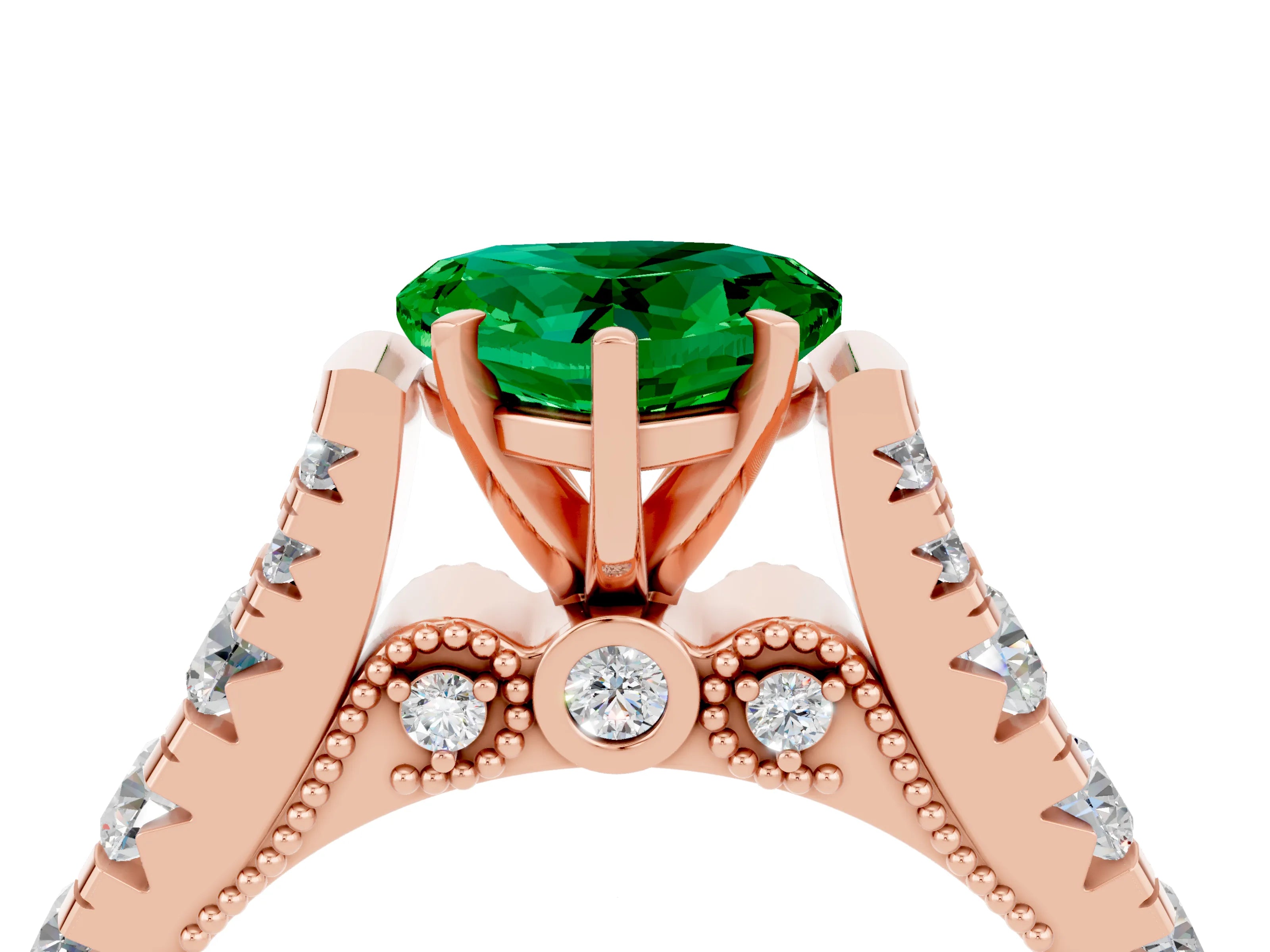 Rose gold Heart Cut Emerald Classic Solitaire Ring with Pavé Band and Four-Prong Setting_4