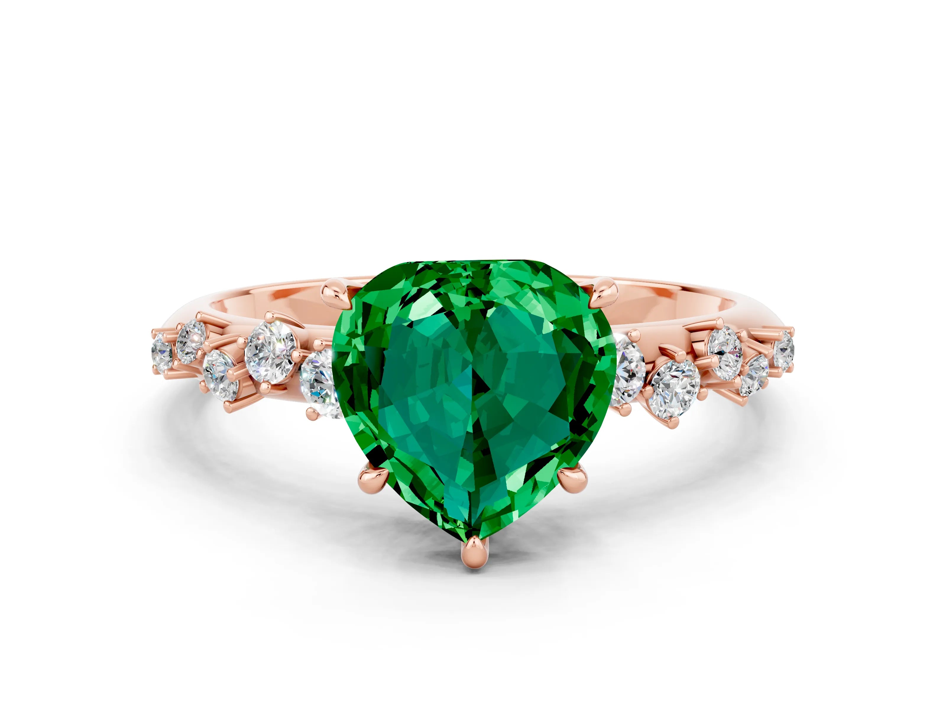 Rose gold Heart Cut Emerald Cluster Side Stone Solitaire Ring with Prong Setting_58