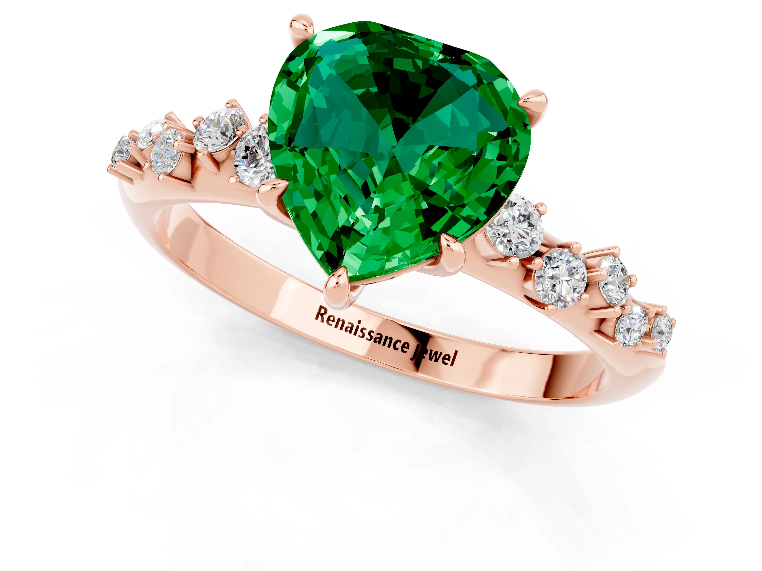 Rose gold Heart Cut Emerald Cluster Side Stone Solitaire Ring with Prong Setting_59
