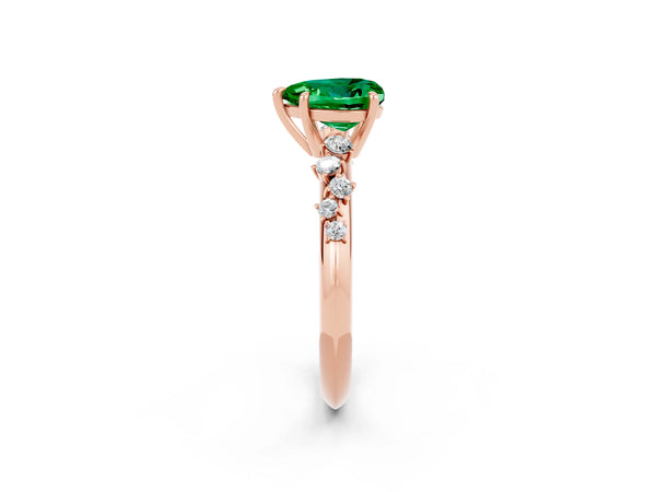 Rose gold Heart Cut Emerald Cluster Side Stone Solitaire Ring with Prong Setting