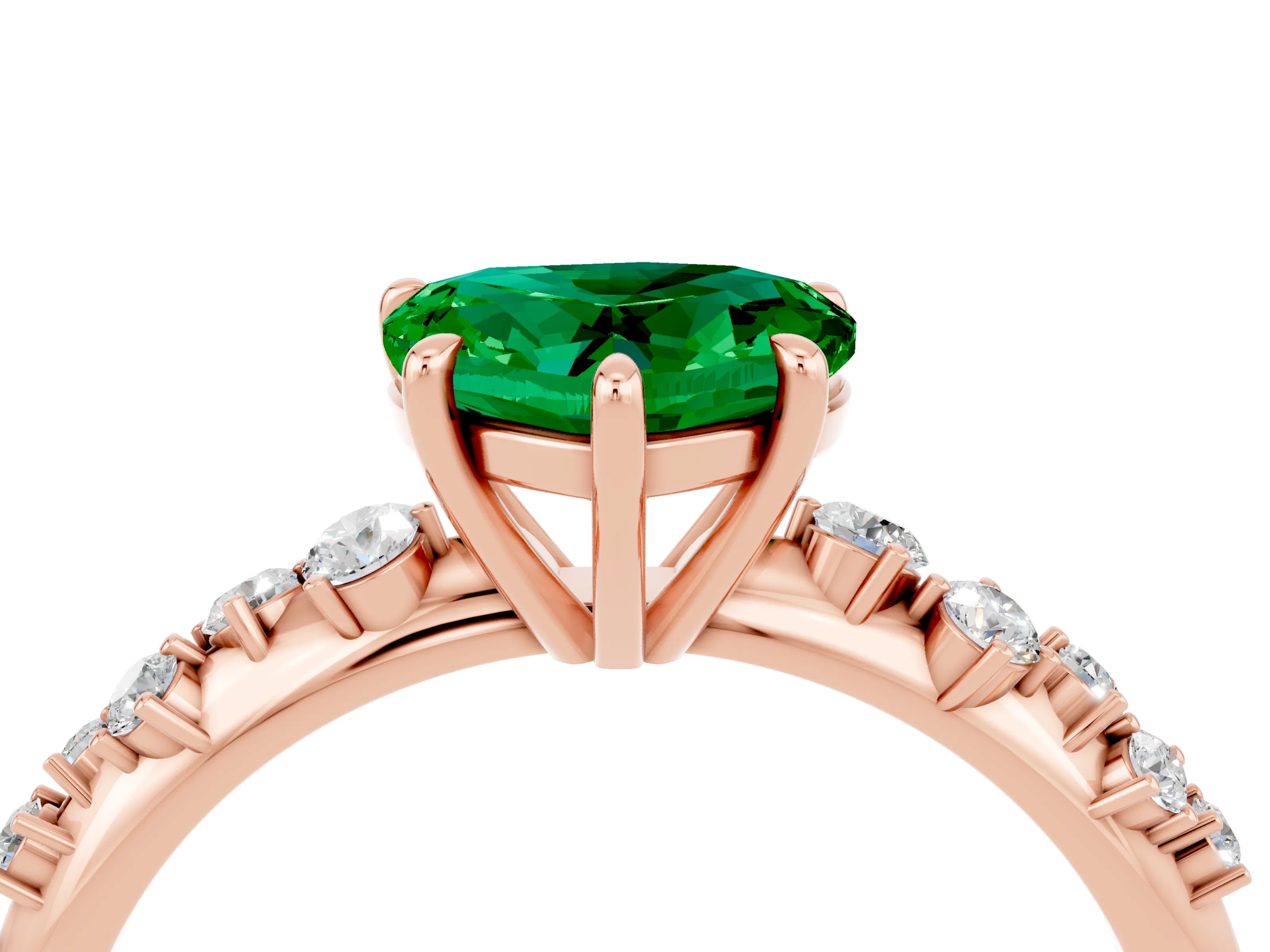 Rose gold Heart Cut Emerald Cluster Side Stone Solitaire Ring with Prong Setting_62