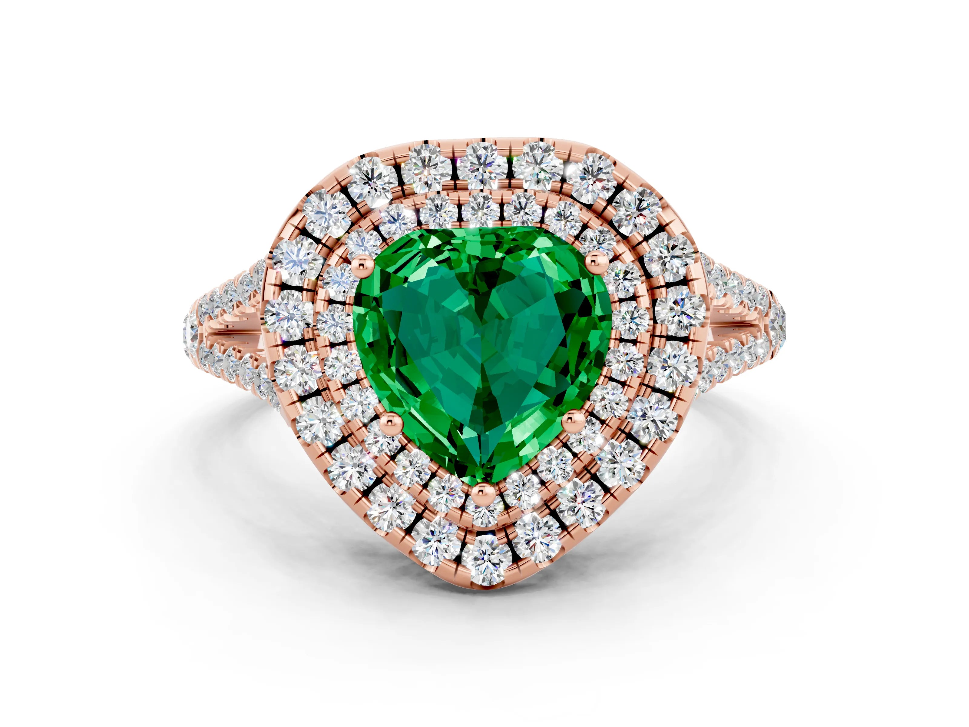 Rose gold Heart Cut Emerald Double Halo Ring with Pavé Band and Prong Setting_12