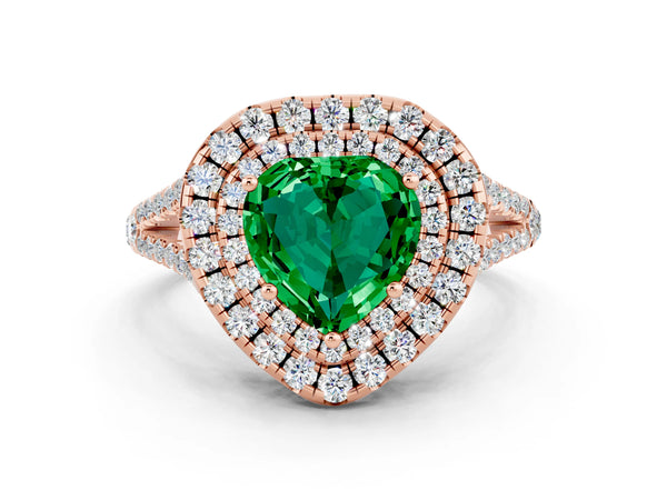 Rose gold Heart Cut Emerald Double Halo Ring with Pavé Band and Prong Setting