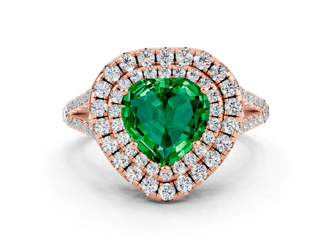 Rose gold Heart Cut Emerald Double Halo Ring with Pavé Band and Prong Setting_12