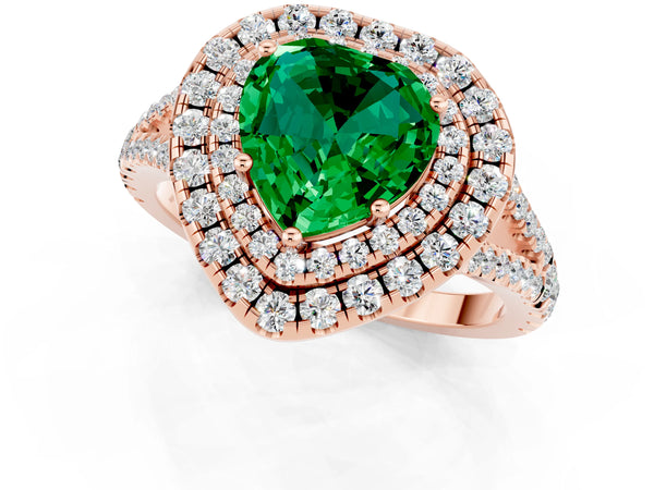 Rose gold Heart Cut Emerald Double Halo Ring with Pavé Band and Prong Setting