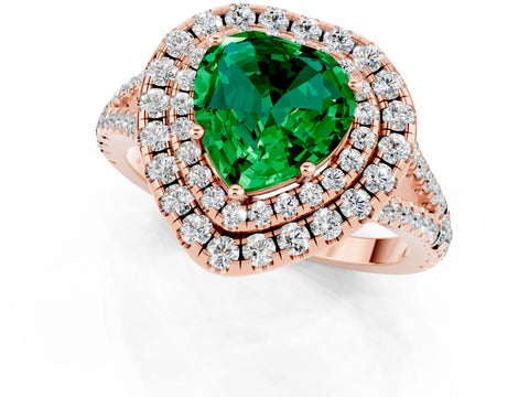 Rose gold Heart Cut Emerald Double Halo Ring with Pavé Band and Prong Setting_13