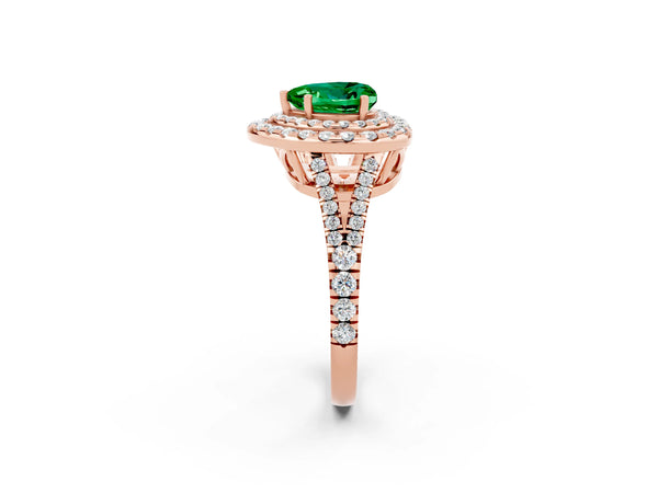 Rose gold Heart Cut Emerald Double Halo Ring with Pavé Band and Prong Setting