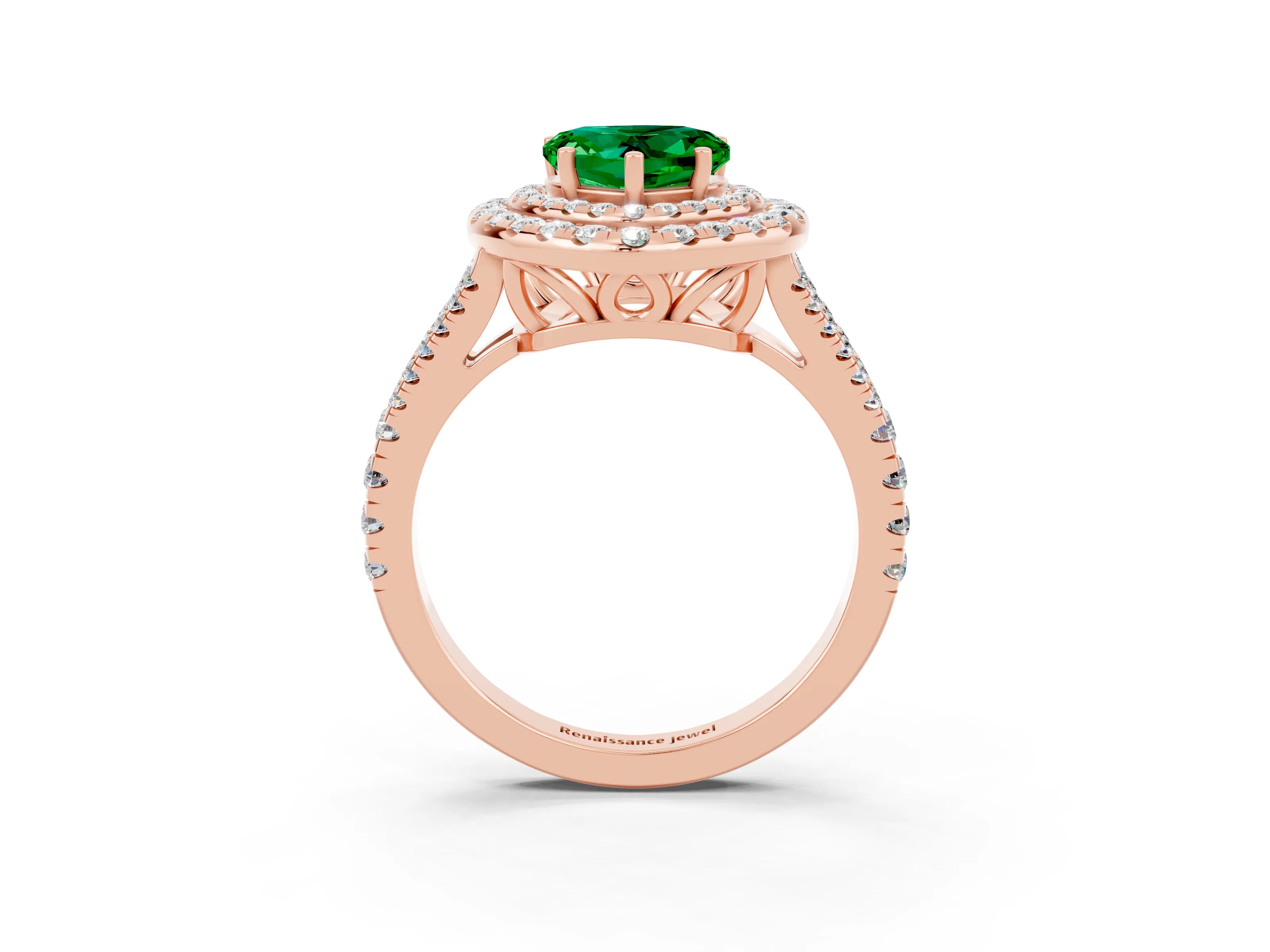 Rose gold Heart Cut Emerald Double Halo Ring with Pavé Band and Prong Setting_15