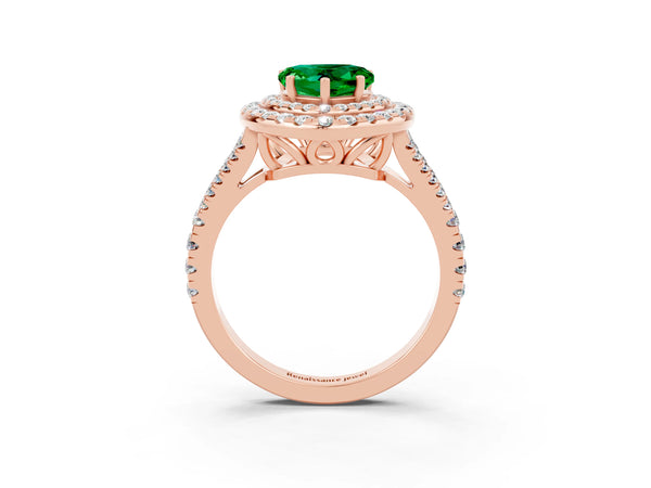 Rose gold Heart Cut Emerald Double Halo Ring with Pavé Band and Prong Setting
