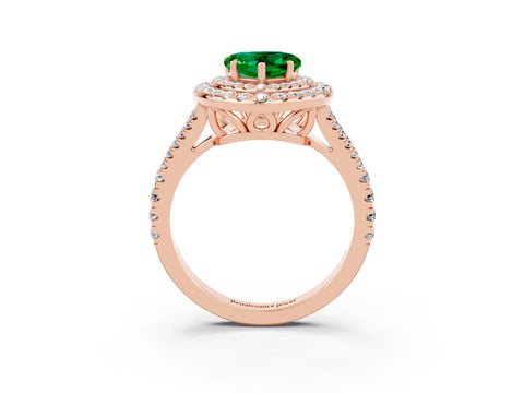 Rose gold Heart Cut Emerald Double Halo Ring with Pavé Band and Prong Setting_15