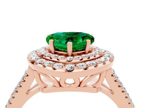 Rose gold Heart Cut Emerald Double Halo Ring with Pavé Band and Prong Setting_16