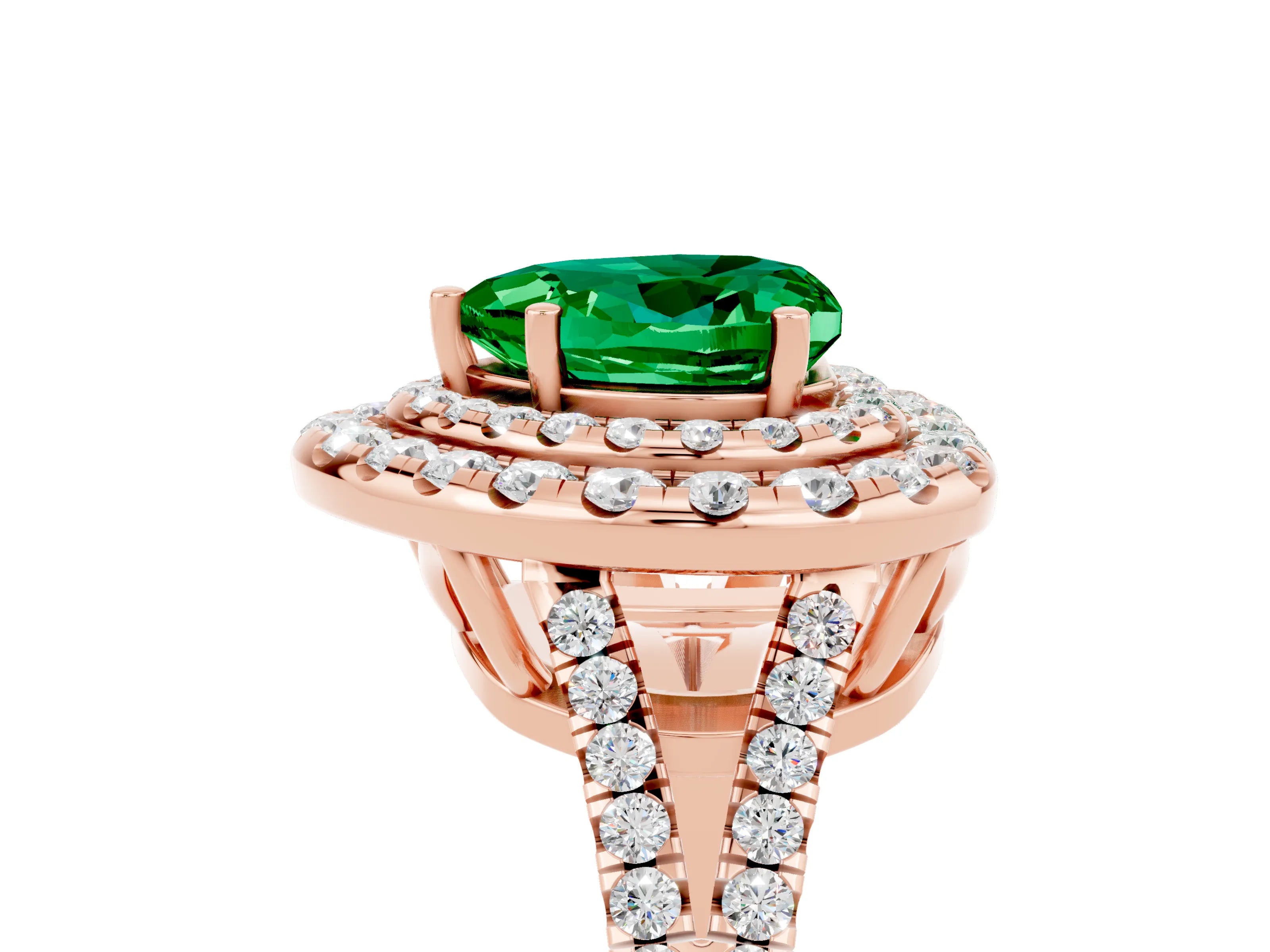 Rose gold Heart Cut Emerald Double Halo Ring with Pavé Band and Prong Setting_17