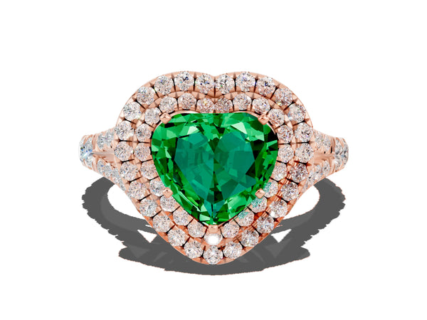 Rose gold Heart Cut Emerald Double Halo Ring with Split Shank and Prong Setting