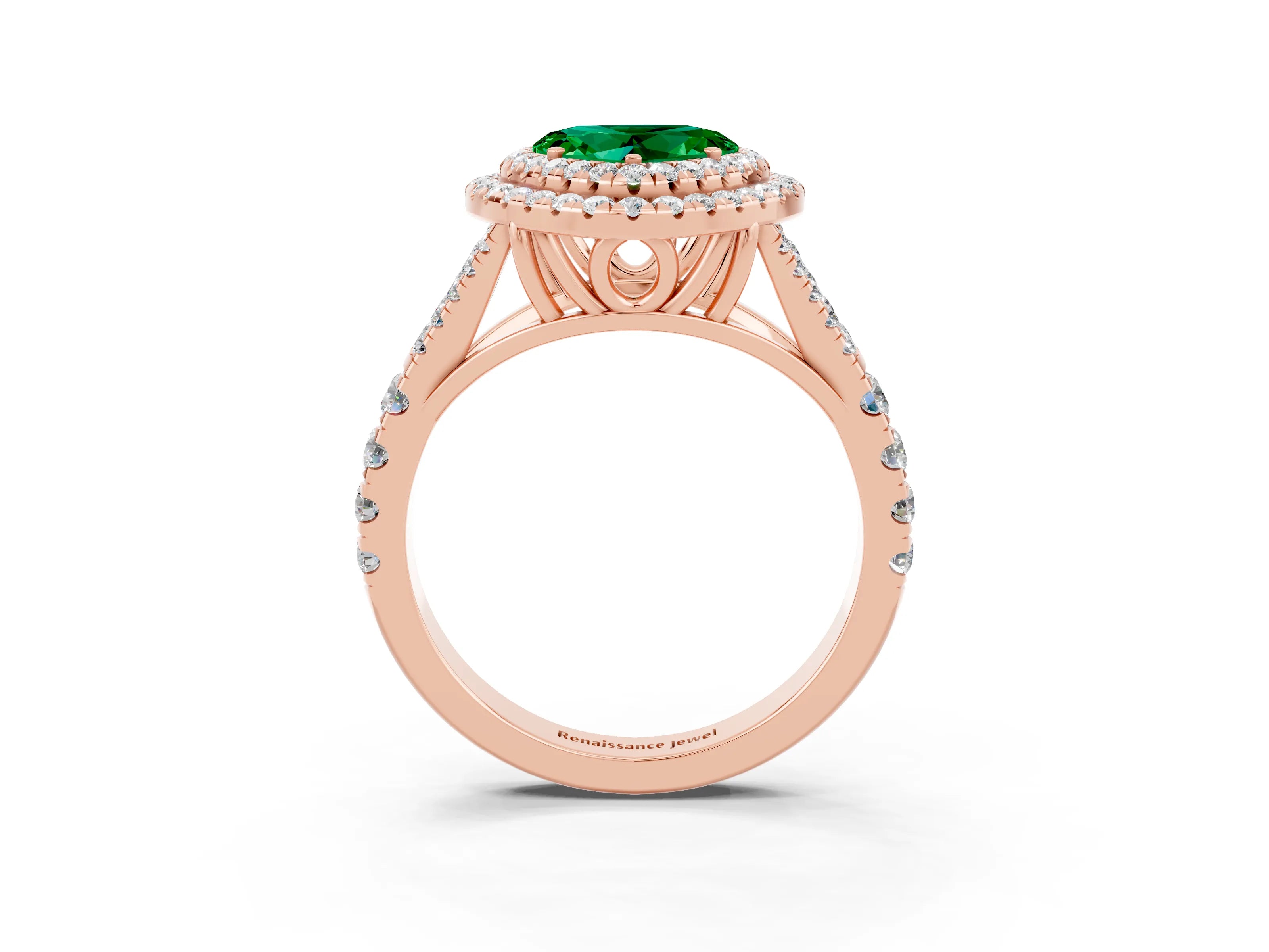 Rose gold Heart Cut Emerald Double Halo Ring with Split Shank and Prong Setting_15