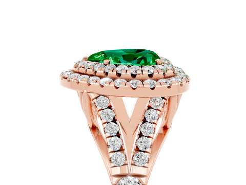 Rose gold Heart Cut Emerald Double Halo Ring with Split Shank and Prong Setting_17