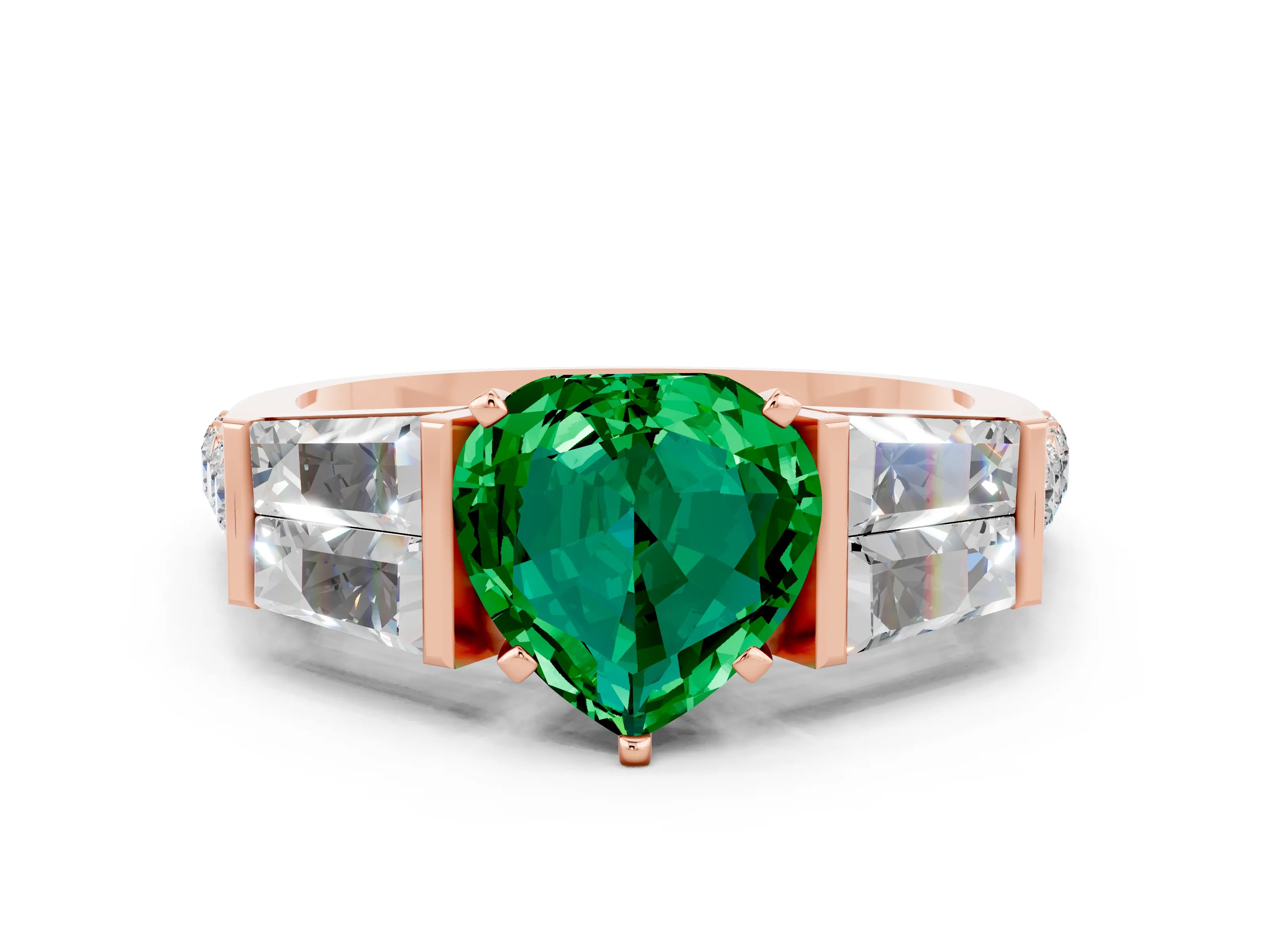 Rose gold Heart Cut Emerald Engagement Ring with Baguette Side Stones and Channel Set Band