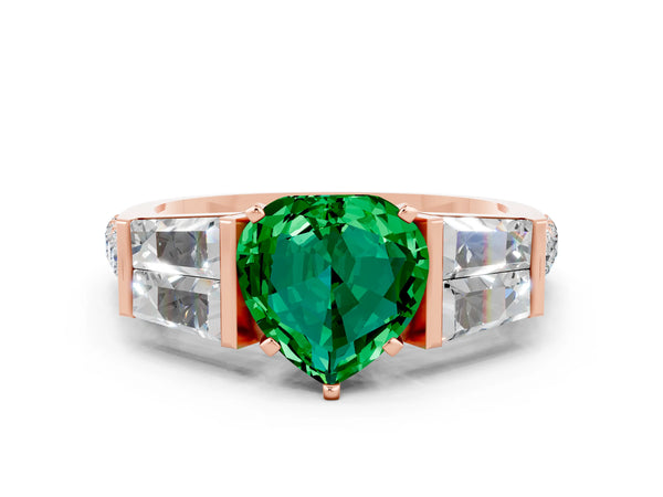 Rose gold Heart Cut Emerald Engagement Ring with Baguette Side Stones and Channel Set Band