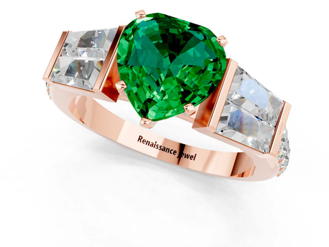 Rose gold Heart Cut Emerald Engagement Ring with Baguette Side Stones and Channel Set Band_1