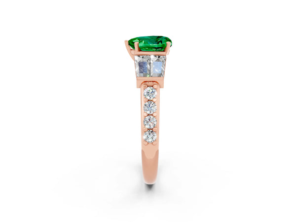 Rose gold Heart Cut Emerald Engagement Ring with Baguette Side Stones and Channel Set Band