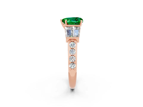 Rose gold Heart Cut Emerald Engagement Ring with Baguette Side Stones and Channel Set Band_2