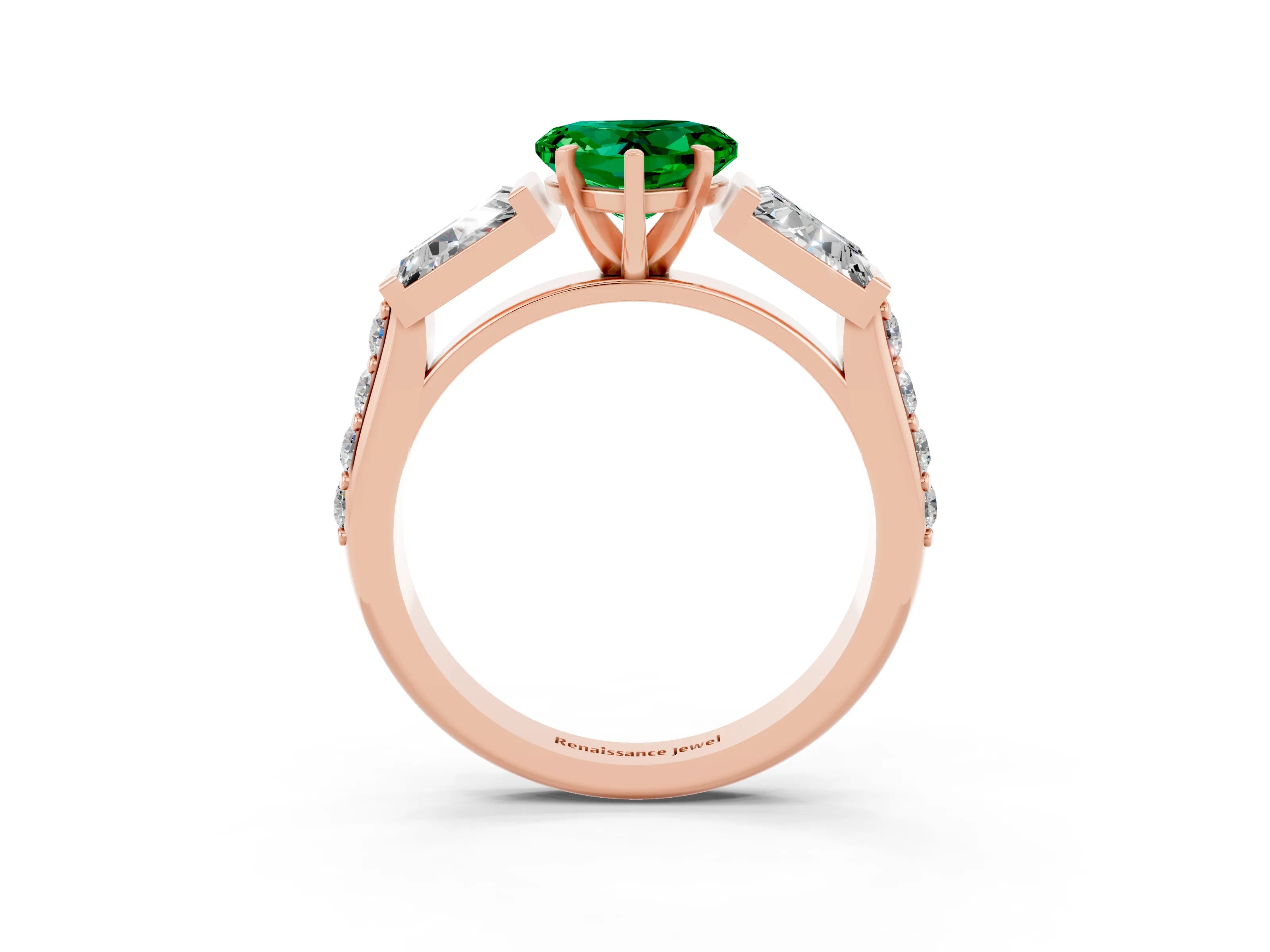 Rose gold Heart Cut Emerald Engagement Ring with Baguette Side Stones and Channel Set Band_3