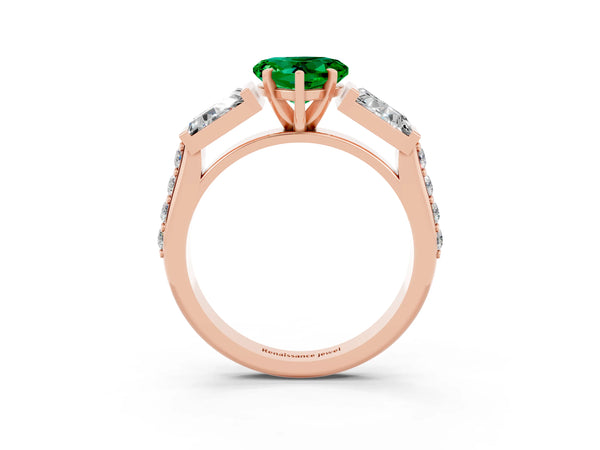 Rose gold Heart Cut Emerald Engagement Ring with Baguette Side Stones and Channel Set Band