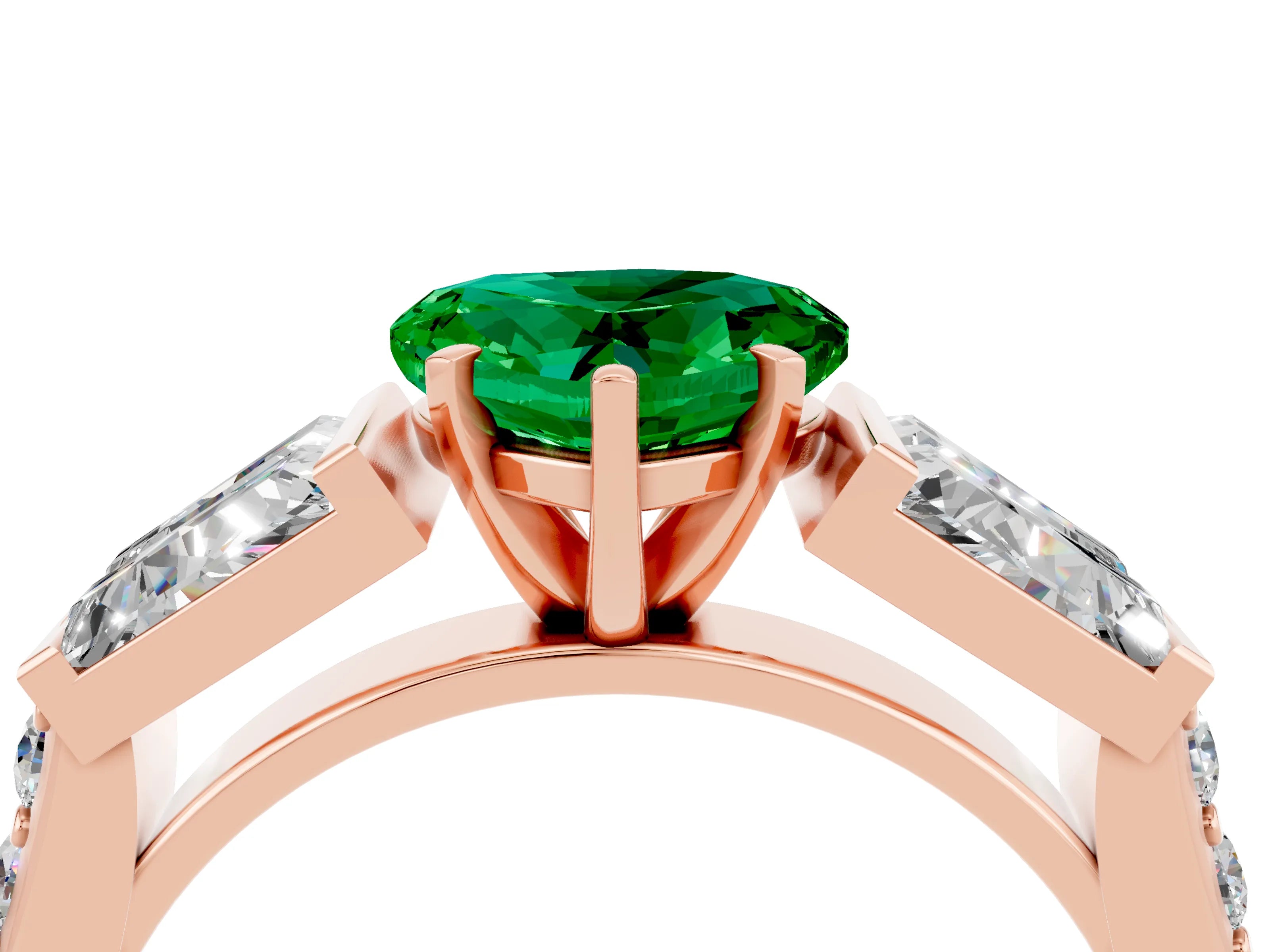 Rose gold Heart Cut Emerald Engagement Ring with Baguette Side Stones and Channel Set Band_4