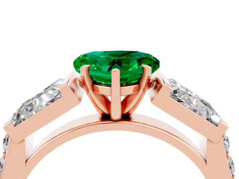 Rose gold Heart Cut Emerald Engagement Ring with Baguette Side Stones and Channel Set Band_4