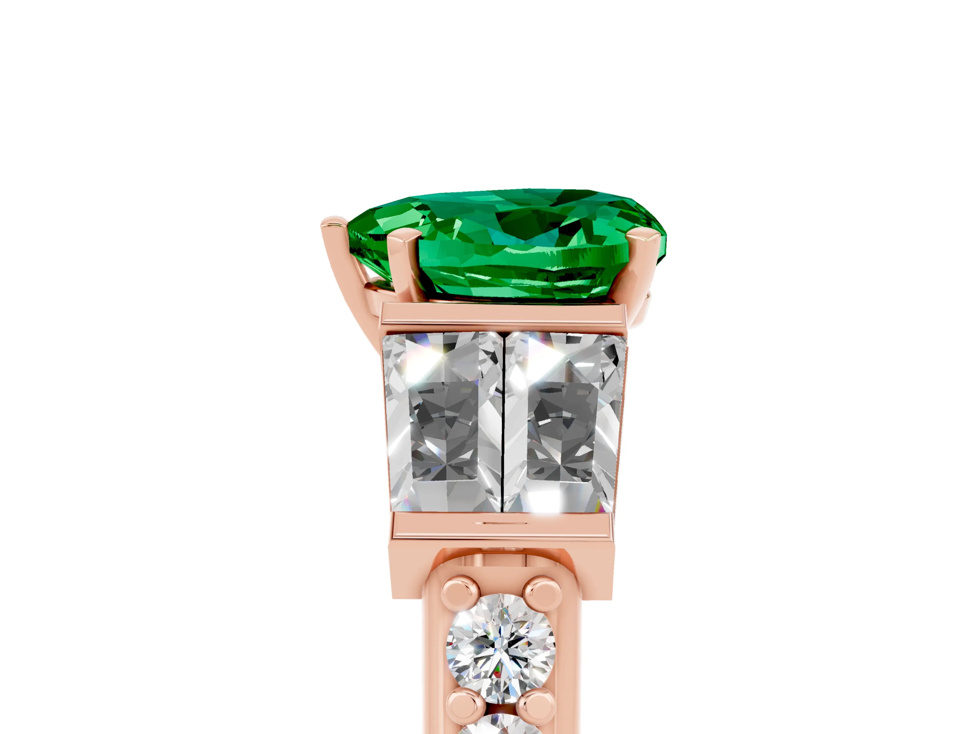 Rose gold Heart Cut Emerald Engagement Ring with Baguette Side Stones and Channel Set Band_5