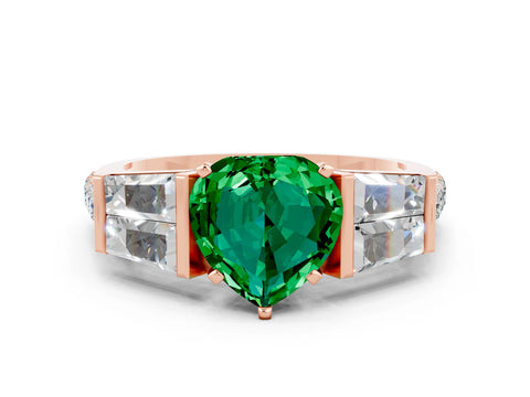 Rose gold Heart Cut Emerald Engagement Ring with Baguette Side Stones and Channel Set Band