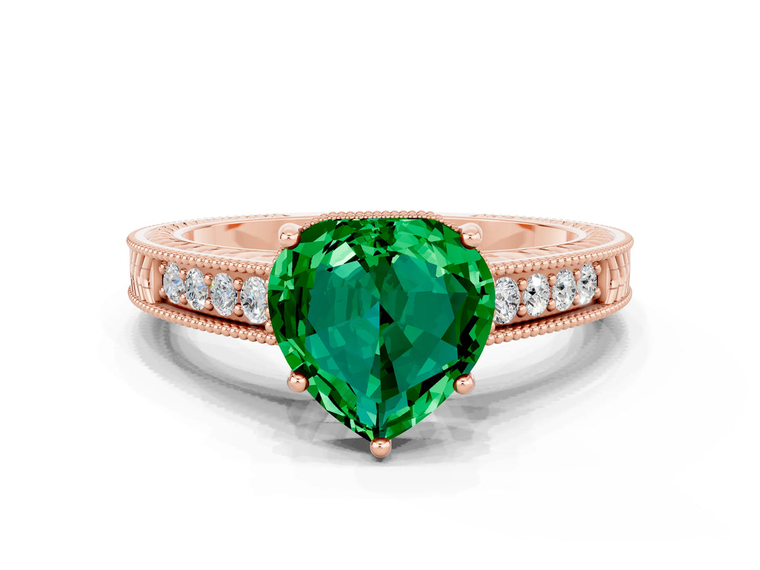 Rose gold Heart Cut Emerald Engagement Ring with Milgrain Channel Set Band and Prong Setting