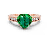 Rose gold Heart Cut Emerald Engagement Ring with Milgrain Channel Set Band and Prong Setting